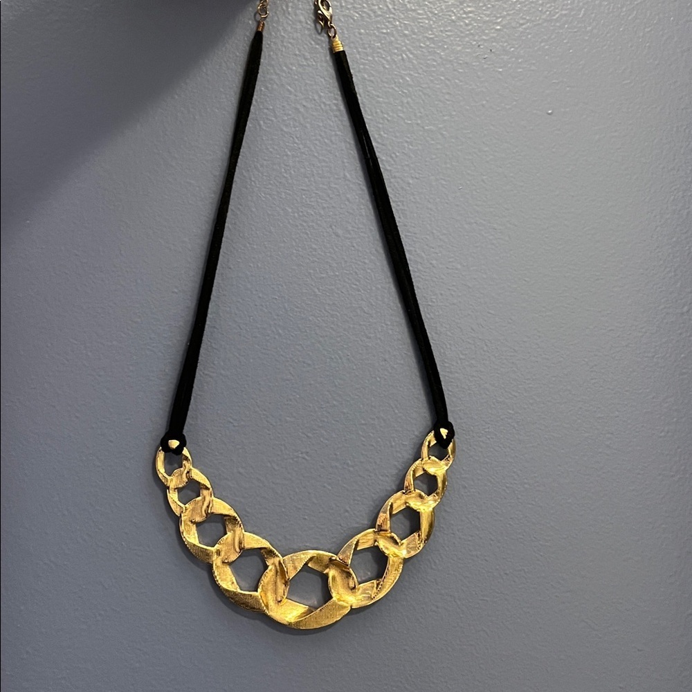 Gold tone metal and black cord Statement Necklace - Picture 3 of 5
